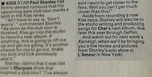 PAUL STANLEY / CHER : Kerrang UK magazine #227 February 1989